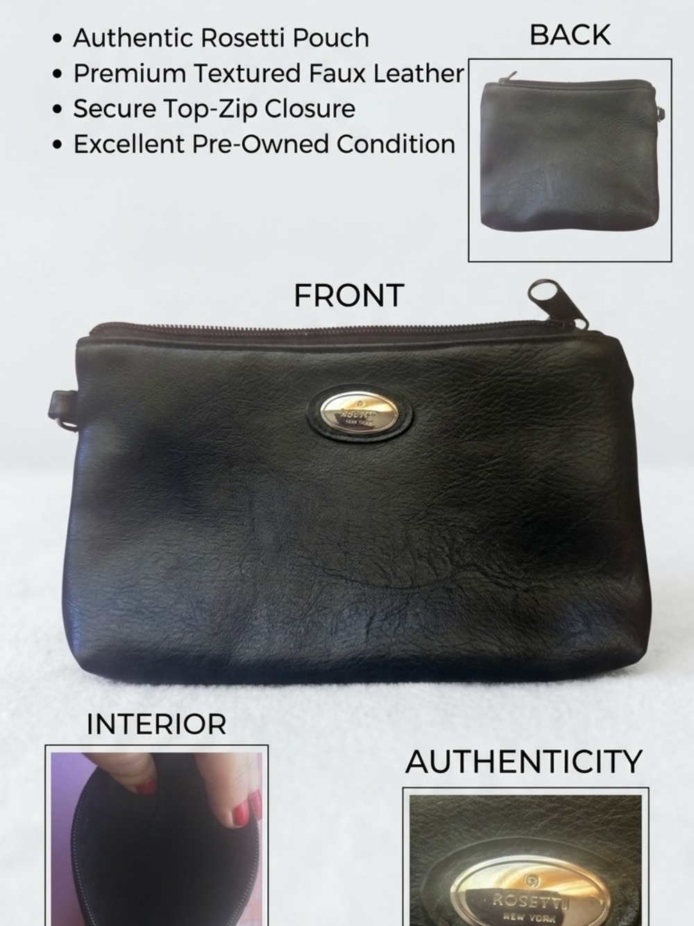 Rosetti Black Faux Leather Zip Pouch with Gold Oval Logo